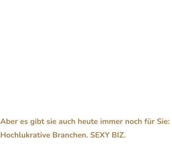 Natürlich versprechen wir Ihnen hier keinerlei  “Schnell-Reich-Konzepte” - das alleine wäre schon unseriös. Aber gibt es nicht tatsächlich genug Bereiche in der Wirtschaft in denen das schneller und viel einfacher klappen kann? Die Erotikbranche gehört definitiv sicher dazu. Denn Fakt ist doch: Als Angestellter werden Sie vermutlich nie ein Vermögen machen. Aber es gibt sie auch heute immer noch für Sie: Hochlukrative Branchen. SEXY BIZ.