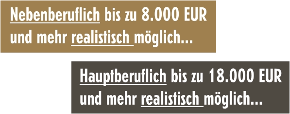 Nebenberuflich bis zu 8.000 EUR und mehr realistisch möglich... Hauptberuflich bis zu 18.000 EUR und mehr realistisch möglich...